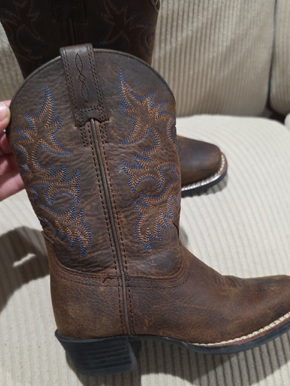 Ariat Brown Kids Western Cowboy Boots with Blue Stitching - Picture 3 of 6